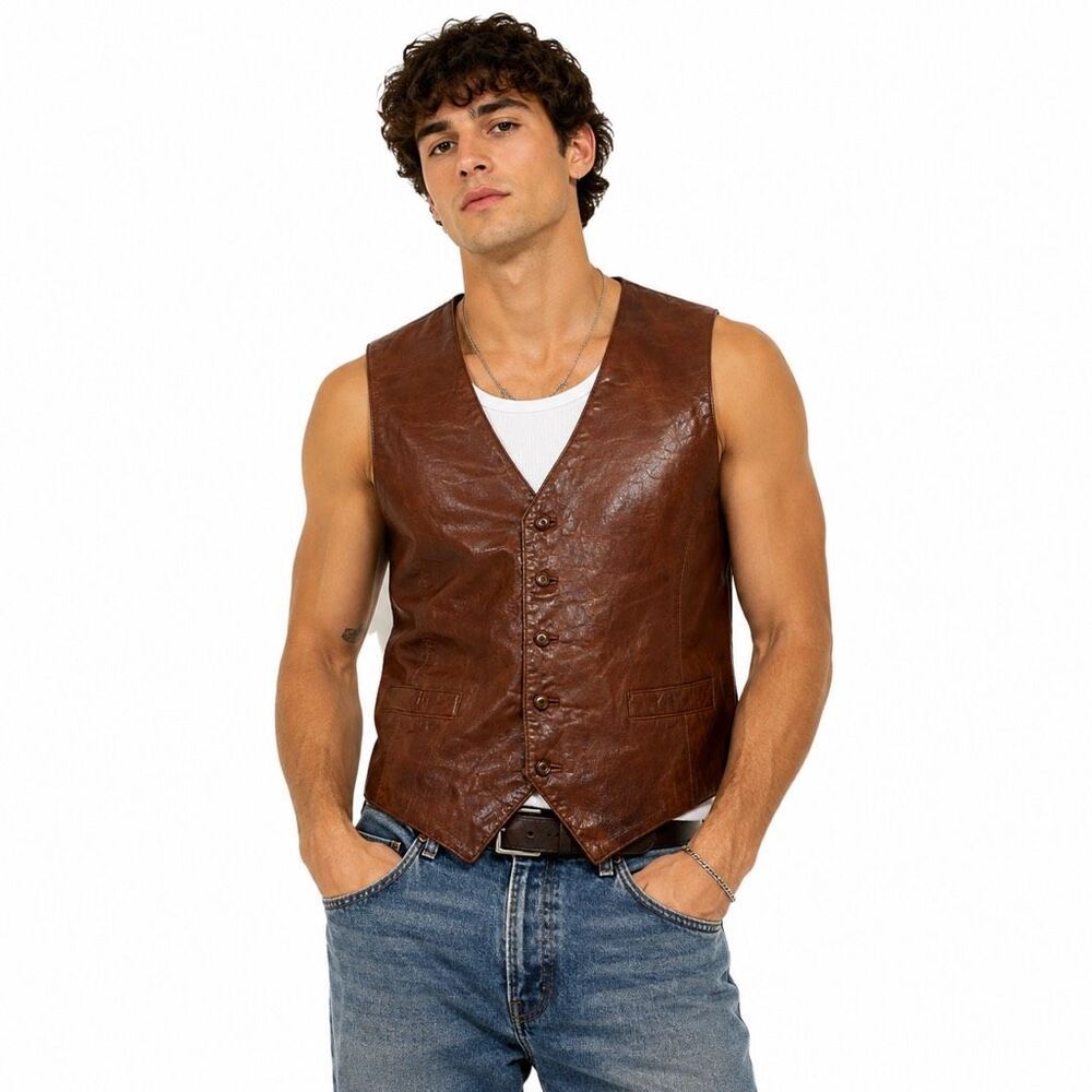 BERMAN’S Vintage Brown Genuine Leather Button Front Western Vest Men’s Large